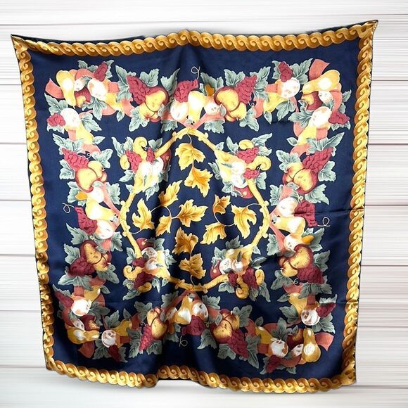 Silk Satin Navy Blue Square Scarf Fruits and Golden Leaves Print - Picture 3 of 10